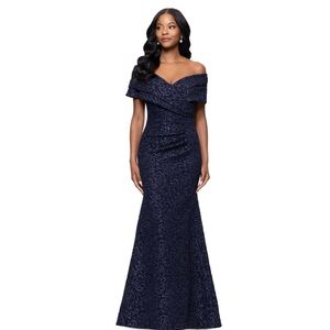 Betsy & Adam Midnight Blue Textured Maxi Dress with Pockets